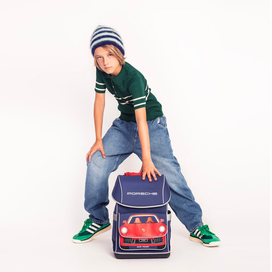 Ergomaxx Porsche ergonomic backpack by Jeune Premier with red Porsche car on blue school bag