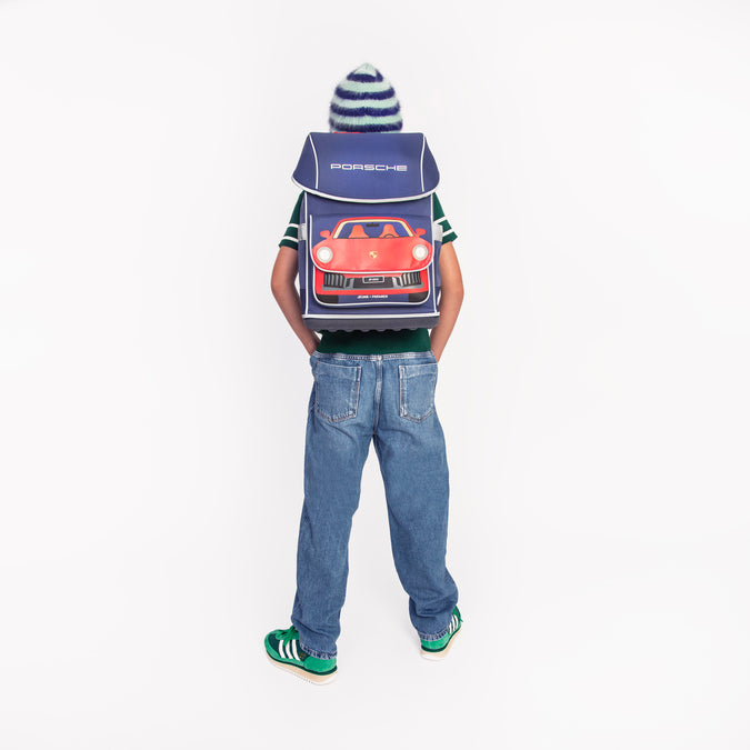 Ergomaxx Porsche ergonomic backpack by Jeune Premier with red Porsche car on blue school bag