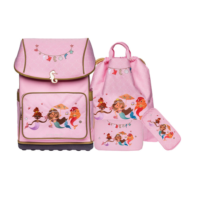 Pink Ergomaxx Mermaids ergonomic backpack by Jeune Premier with mermaid illustrations for girls from first grade