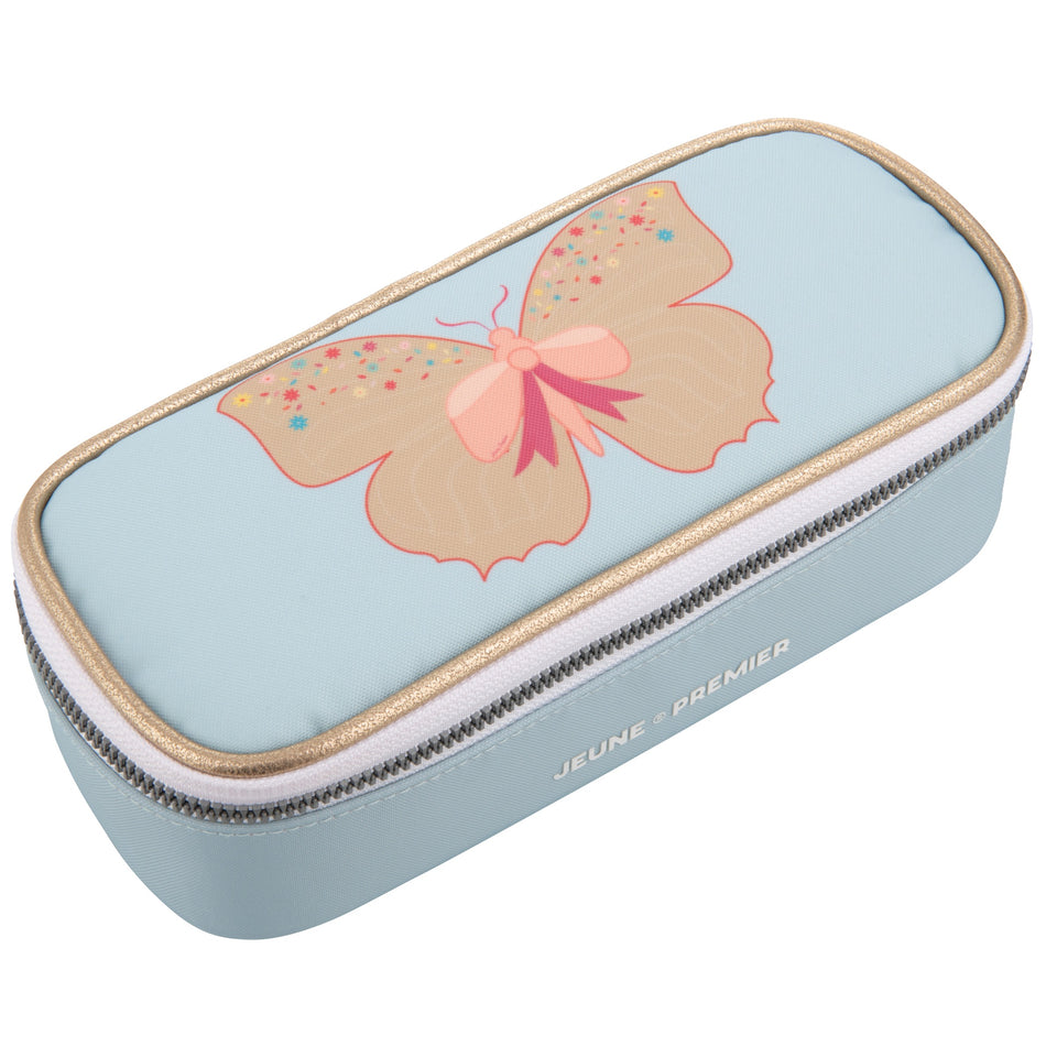 Trendy spacious pencil box. A plain pencil box, varnished with Jeune Premier designs, with a selection of elastic bands on the lid to store your favorite pens.