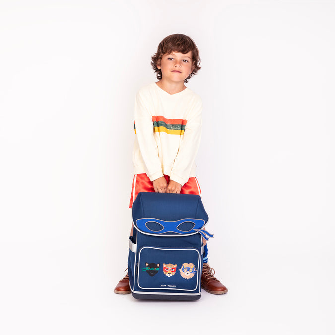 Ergomaxx Supercats ergonomic backpack by Jeune Premier with three masked animal characters on a blue school bag