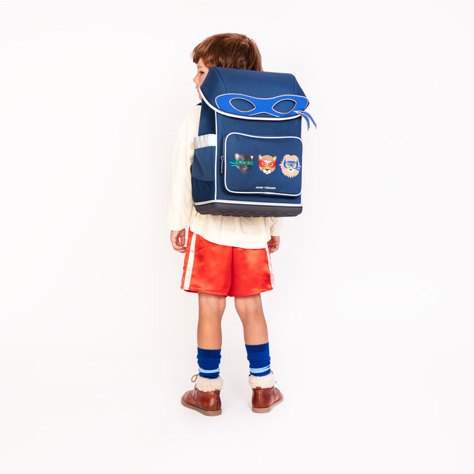 Ergomaxx Supercats ergonomic backpack by Jeune Premier with three masked animal characters on a blue school bag