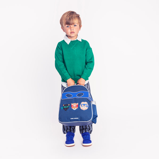 Toddler boy wearing Jeune Premier Ralphie Supercats backpack, age 2 to 5