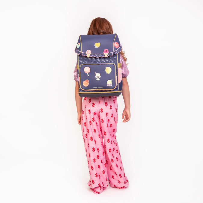 Dark blue Ergomaxx Disco Dip ergonomic backpack by Jeune Premier with colorful ice cream illustrations for girls from first grade