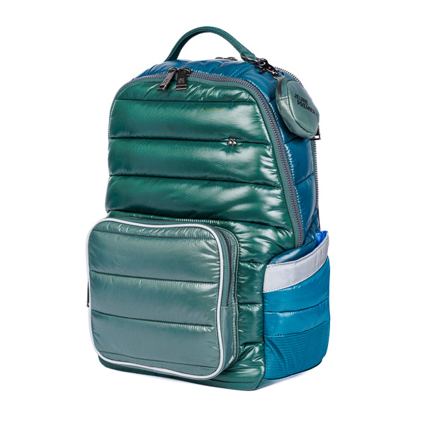 New Bobbie Puffer Green kids backpack side view with bottle holder, Jeune Premier