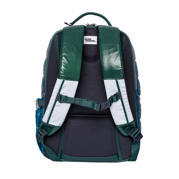 Jeune Premier New Bobbie Puffer Green back view with ergonomic EVA panel and padded shoulder straps