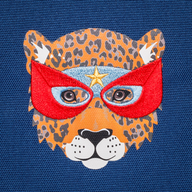 Ergomaxx Supercats ergonomic backpack by Jeune Premier with three masked animal characters on a blue school bag