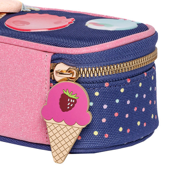 Close-up view of Disco Dip pencil case showing retro disco pattern and premium finish