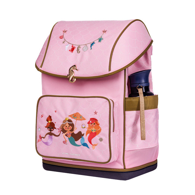 Pink Ergomaxx Mermaids ergonomic backpack by Jeune Premier with mermaid illustrations for girls from first grade
