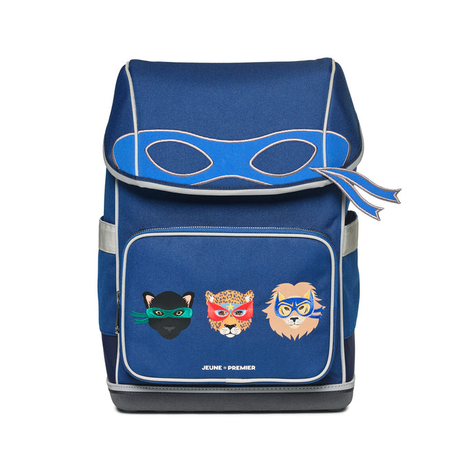 Ergomaxx Supercats ergonomic backpack by Jeune Premier with three masked animal characters on a blue school bag
