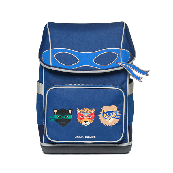 Ergomaxx Supercats ergonomic backpack by Jeune Premier with three masked animal characters on a blue school bag