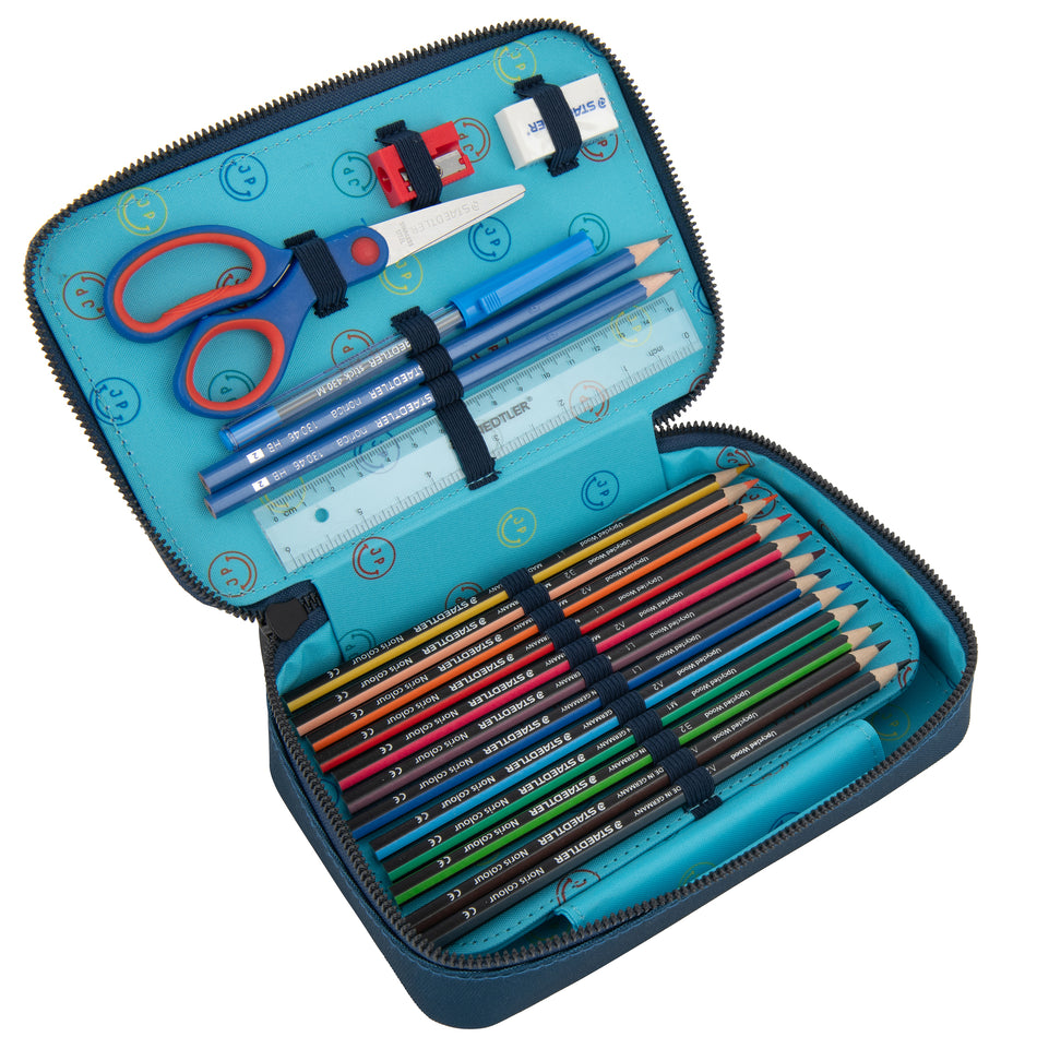 Filled, trendy pencil case with two separate lockable compartments, in collaboration with Staedtler®. Fashionable boys will love this Jeune Premier "Tartans" design.